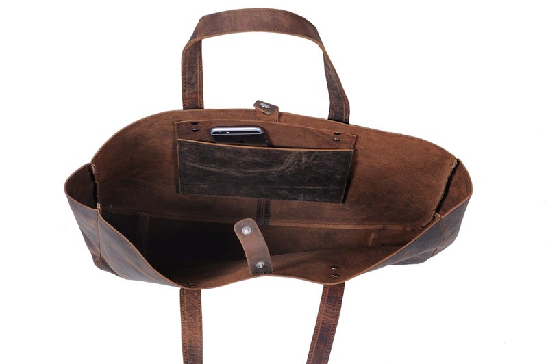 KomalC حقيبة توت جلدية للنساء من كومال سي - حقيبة يد، حقيبة سفر، حقيبة تسوق، حقيبة متعددة الاستخدامات (18.5 بوصة، بني متآكل من الجاموس) - Image 4